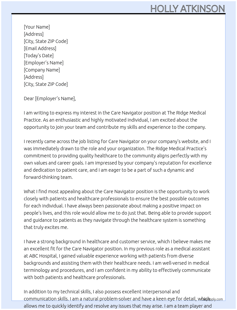 Care Navigator  At The Ridge Medical Practice Cover Letter