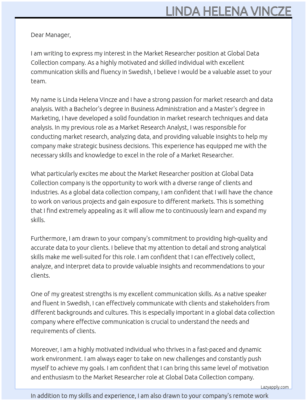 Market researcher At Global Data Collection company Cover Letter