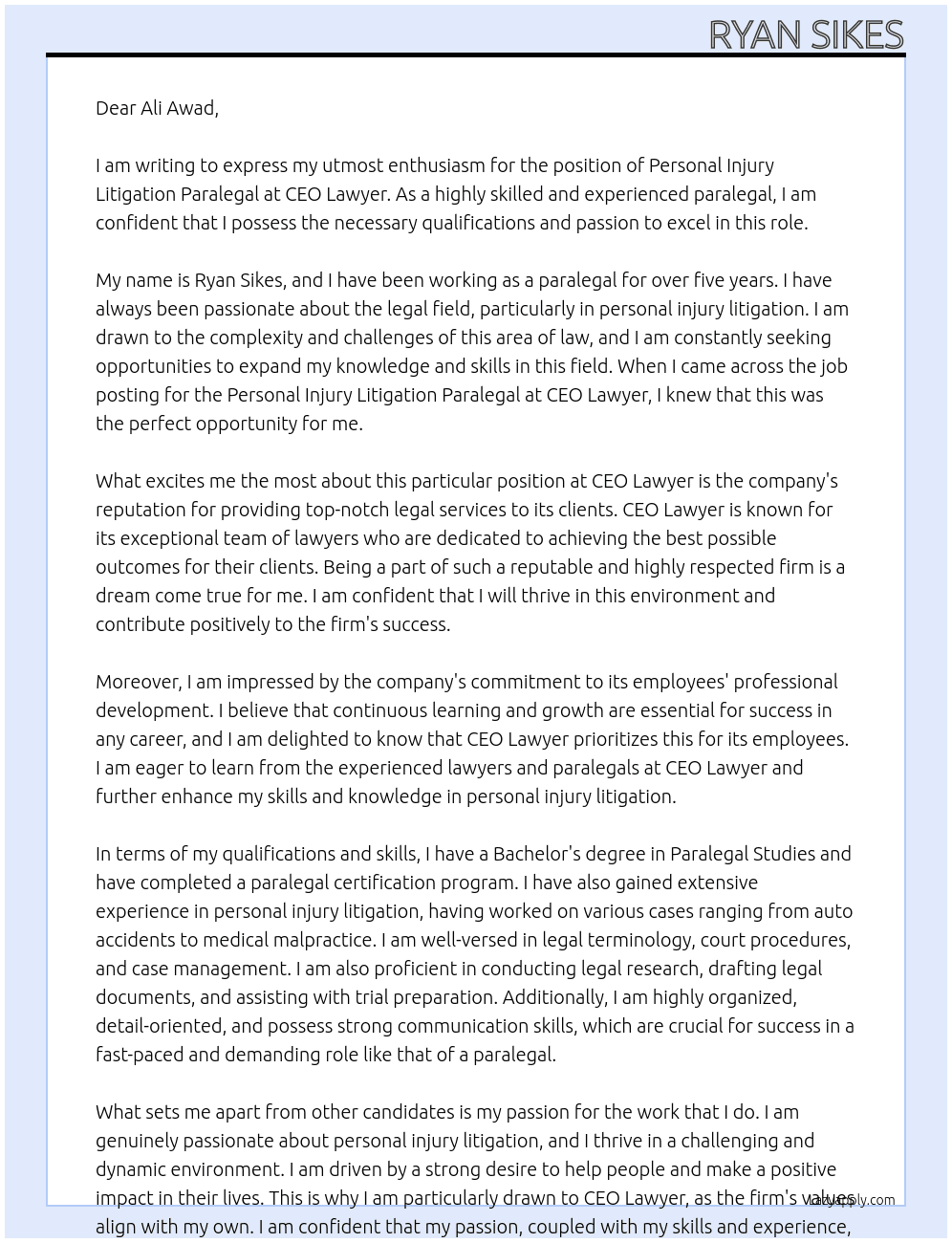 Personal Injury Litigation Paralegal At CEO Lawyer  Cover Letter