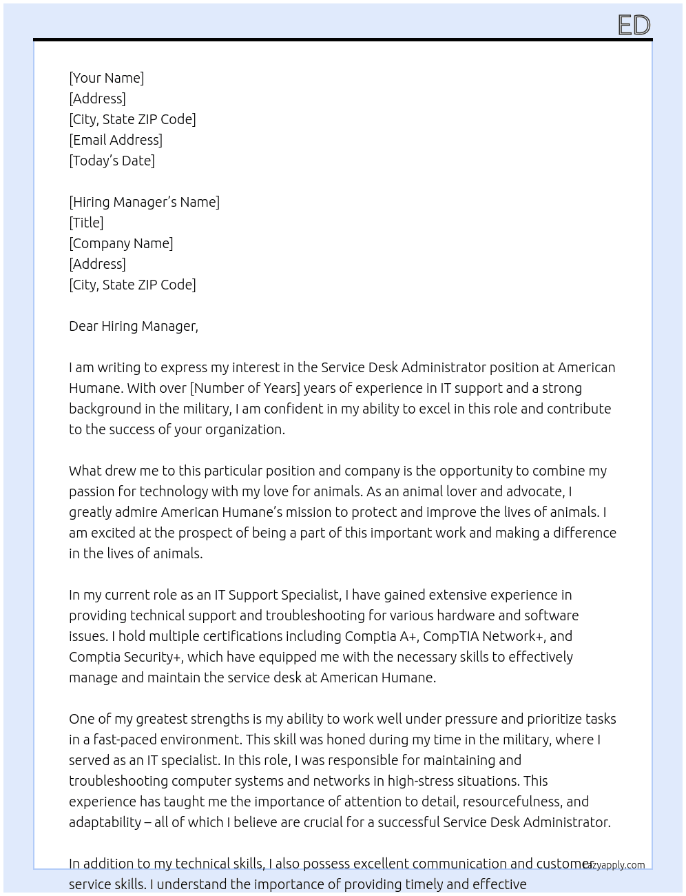 Service desk administrator At American Humane Cover Letter