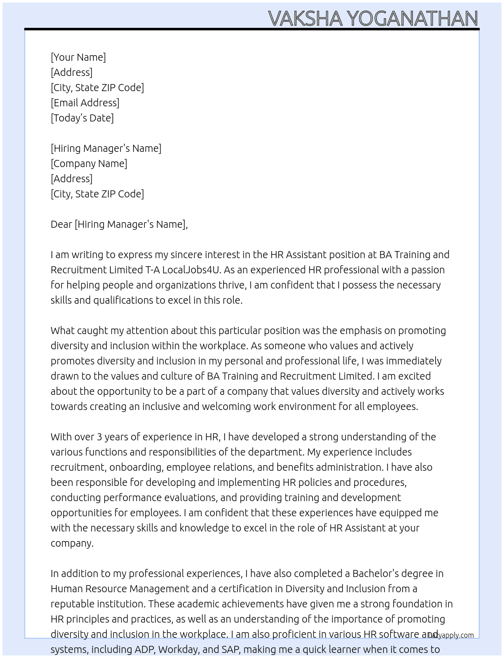HR assistant At BA Training and Recruitment Limited T-A LocalJobs4U Cover Letter