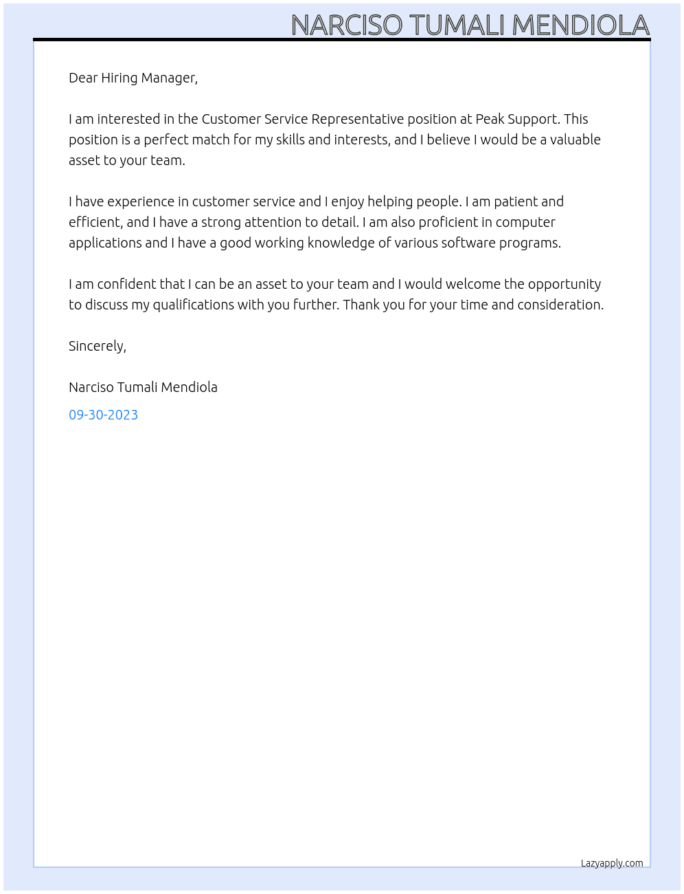 Customer Service Representative At Peak Support Cover Letter