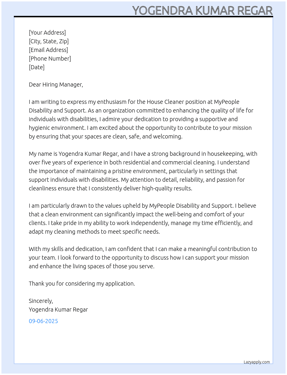 Cover letter for house cleaner - LazyApply