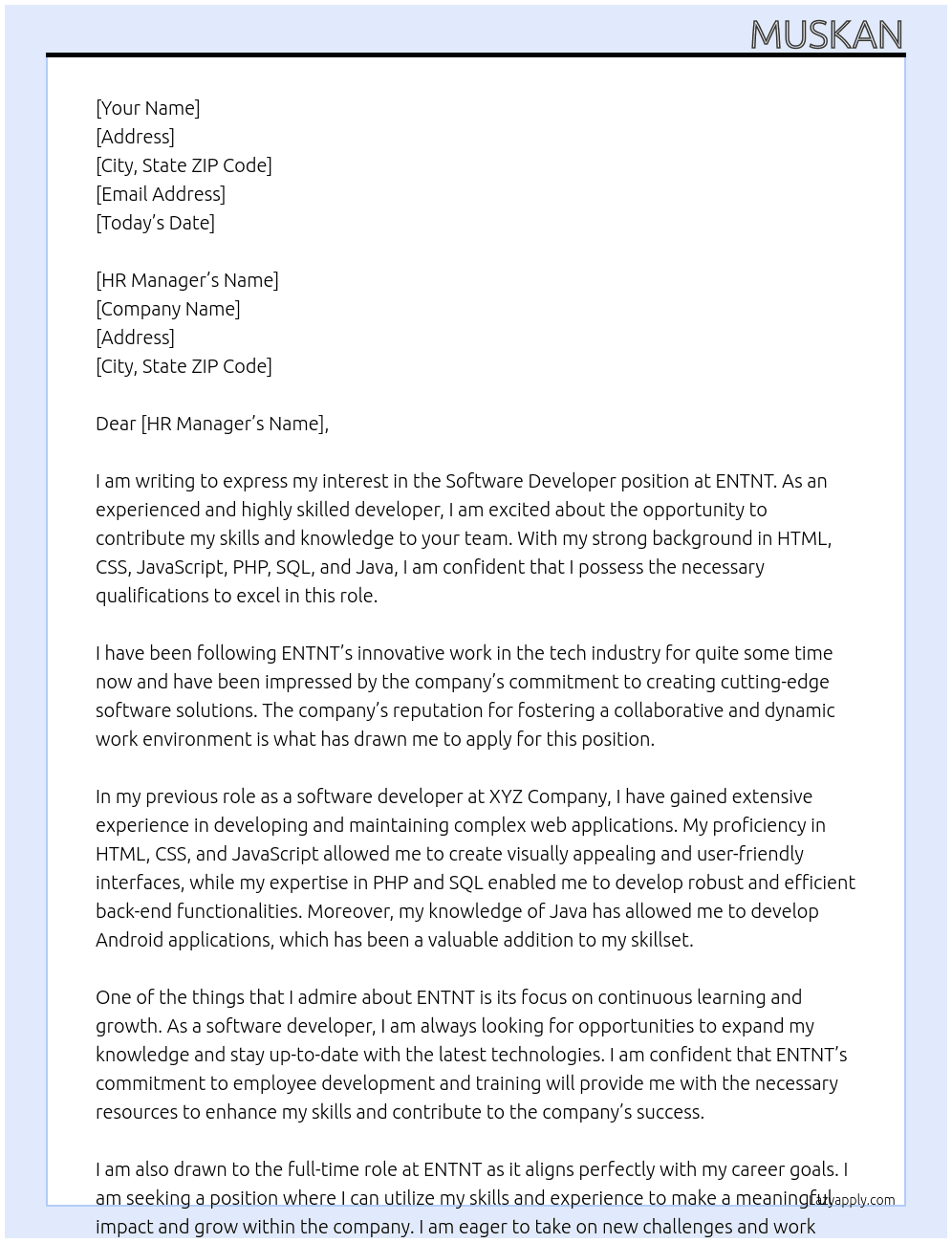 Software developer  At ENTNT Cover Letter