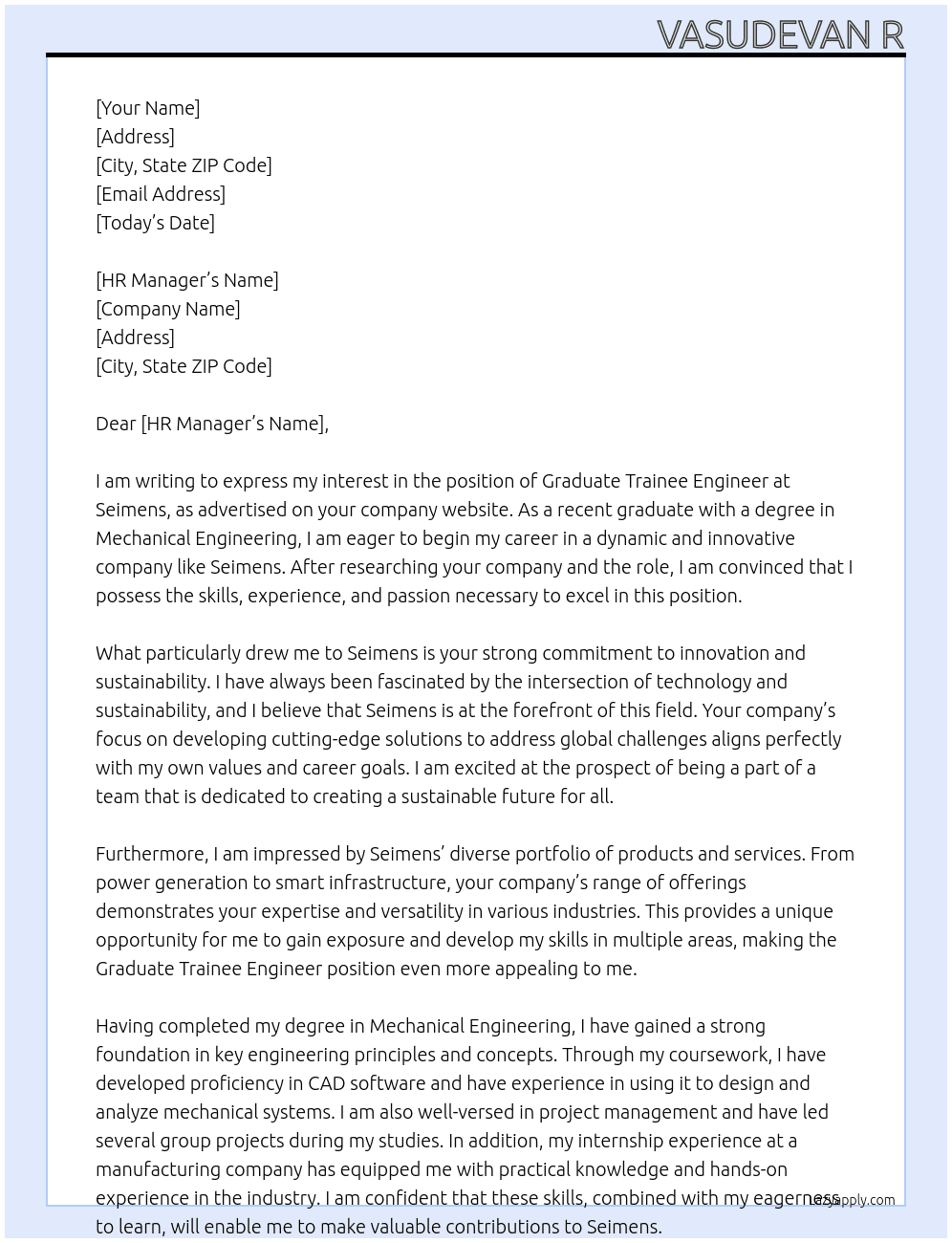 Graduate trainee engineer  At Seimens  Cover Letter