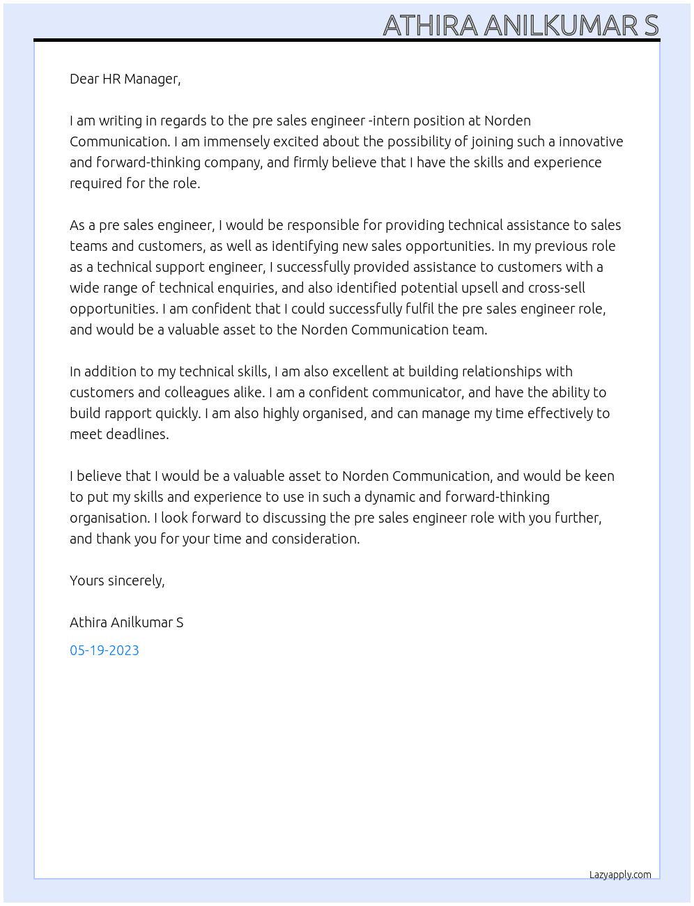 pre sales engineer -intern At Norden Communication Cover Letter