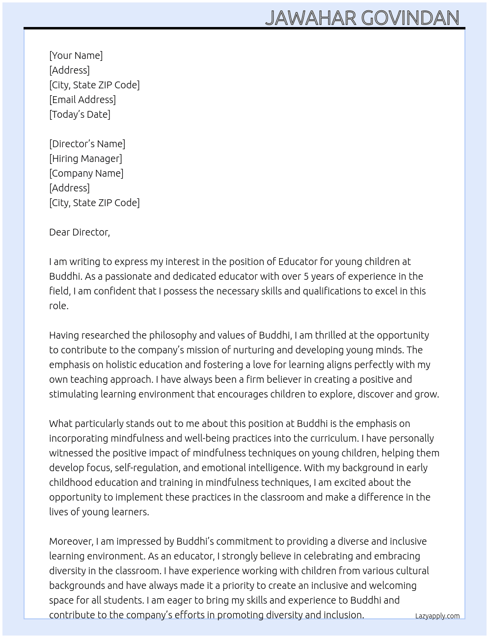 Educator for young children  At Buddhi Cover Letter