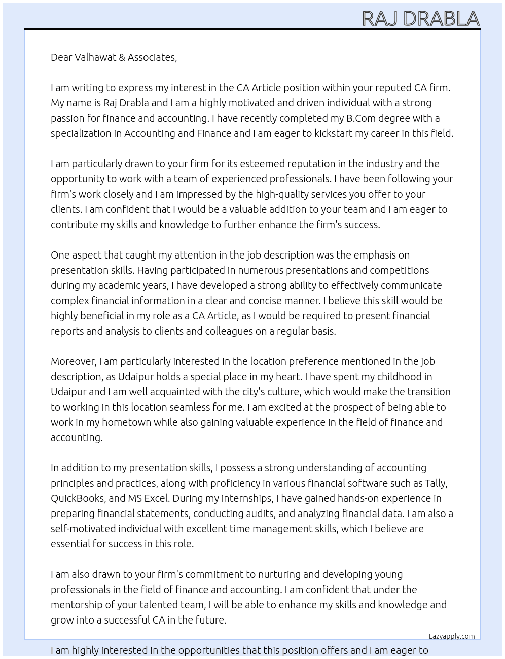 CA Article  At Your reputed CA firm Cover Letter