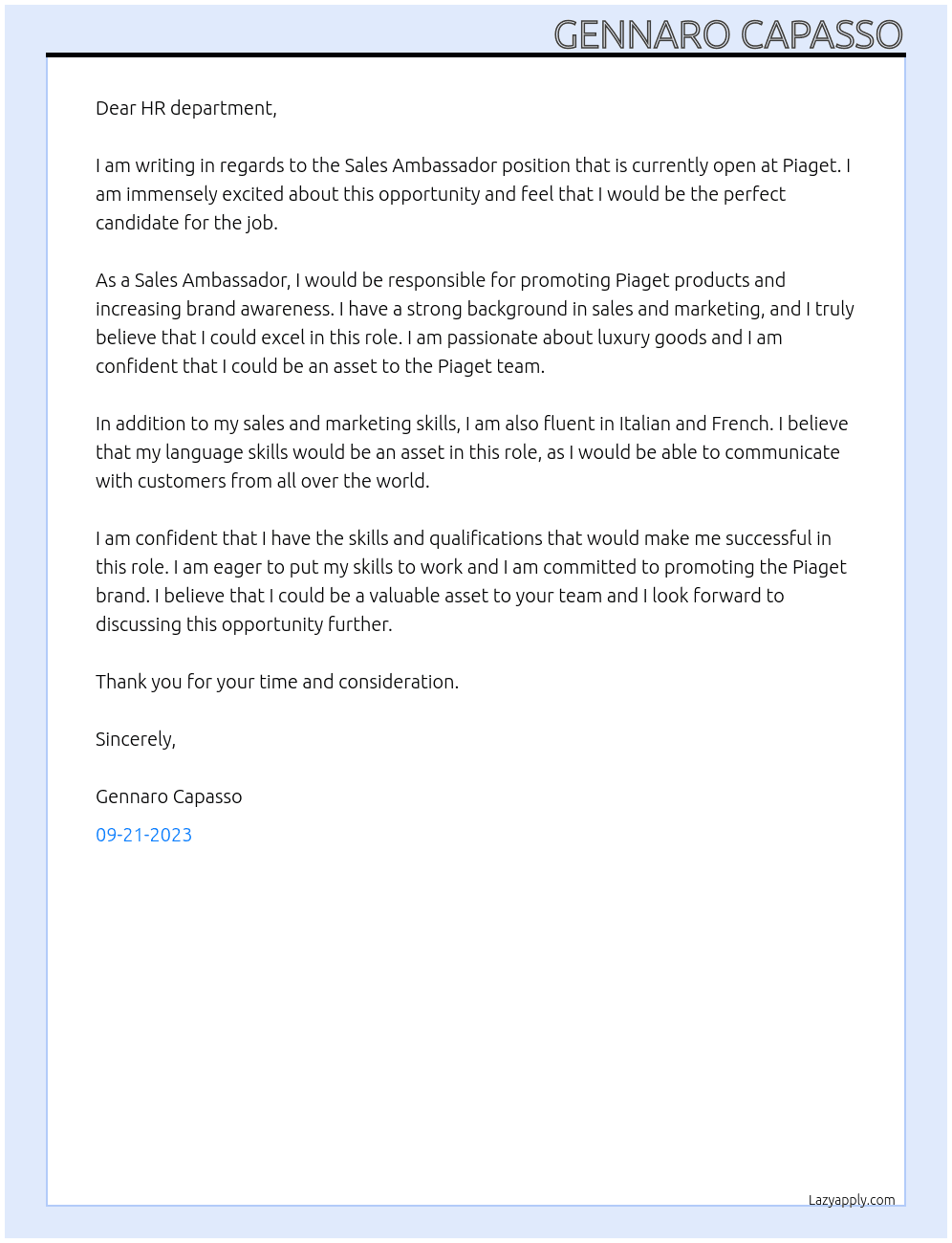 Sales Ambassador  At Piaget Cover Letter