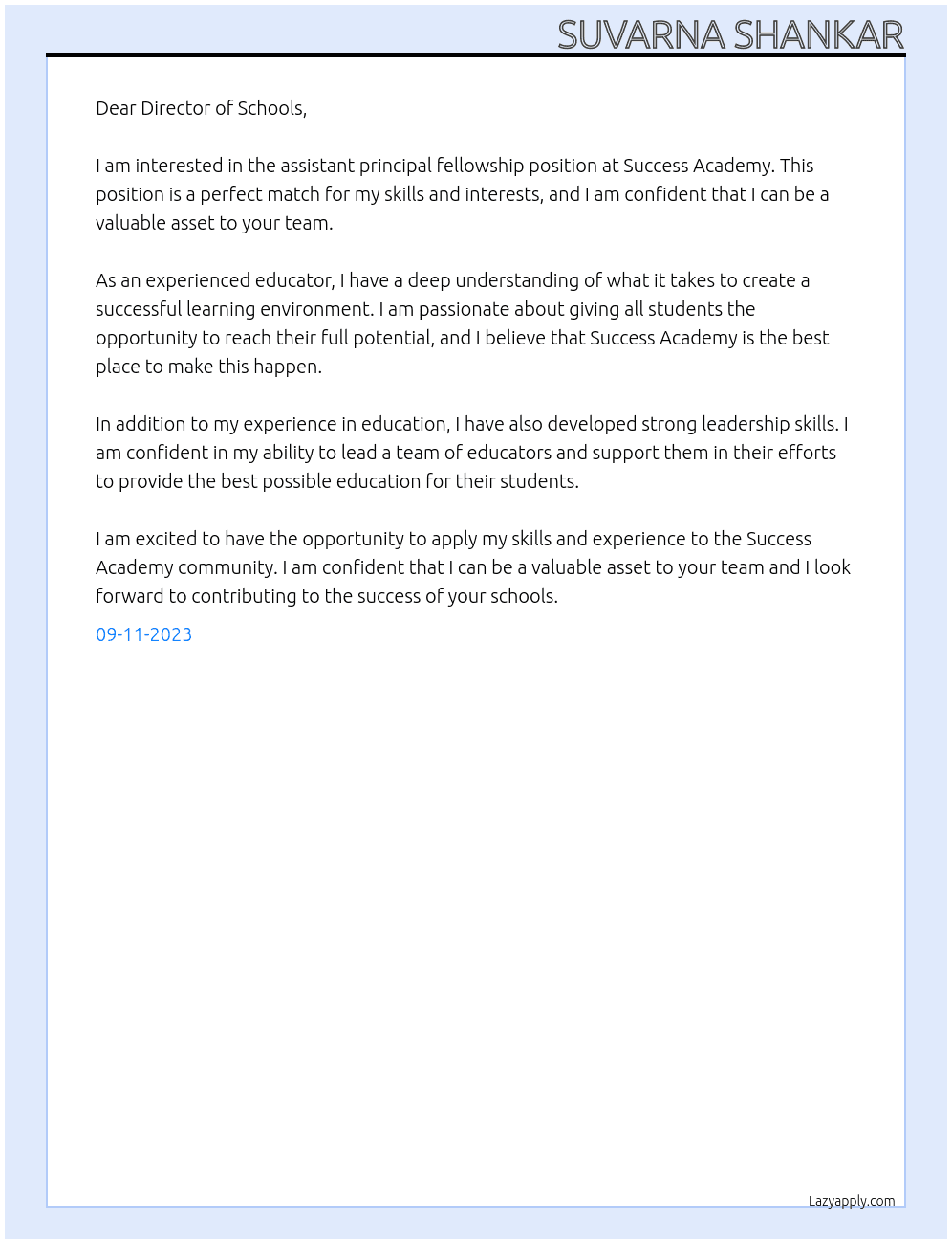 Assistant Principal Fellowship  At Success Academy  Cover Letter
