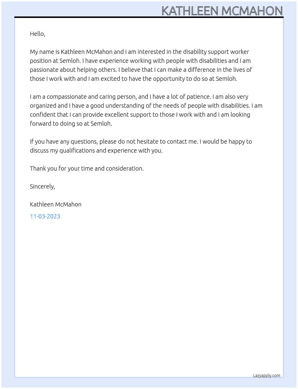 disability support worker At Semloh Cover Letter