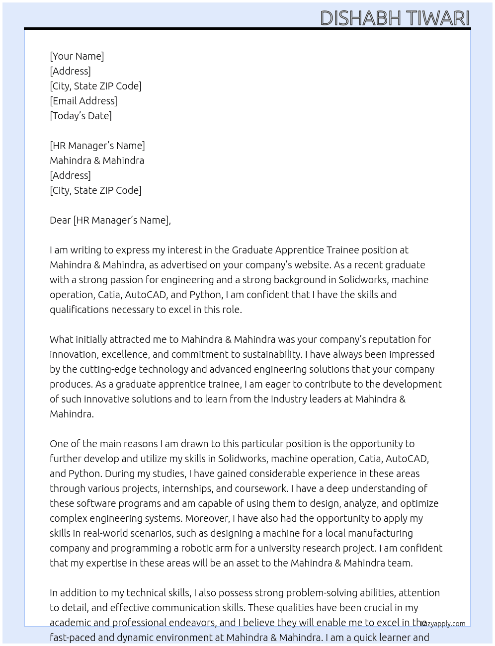 graduate apperentice trainee At Mahindra & Mahindra Cover Letter