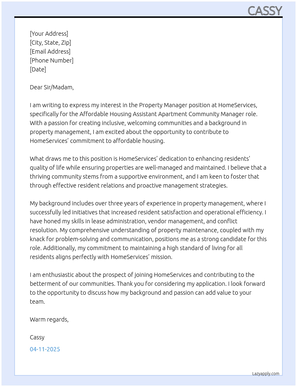 Property Manager At HomeServices Cover Letter