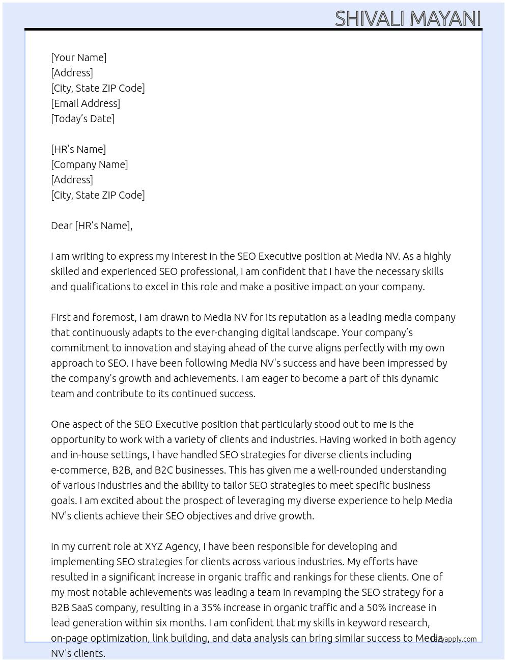 SEO executive  At Media NV  Cover Letter