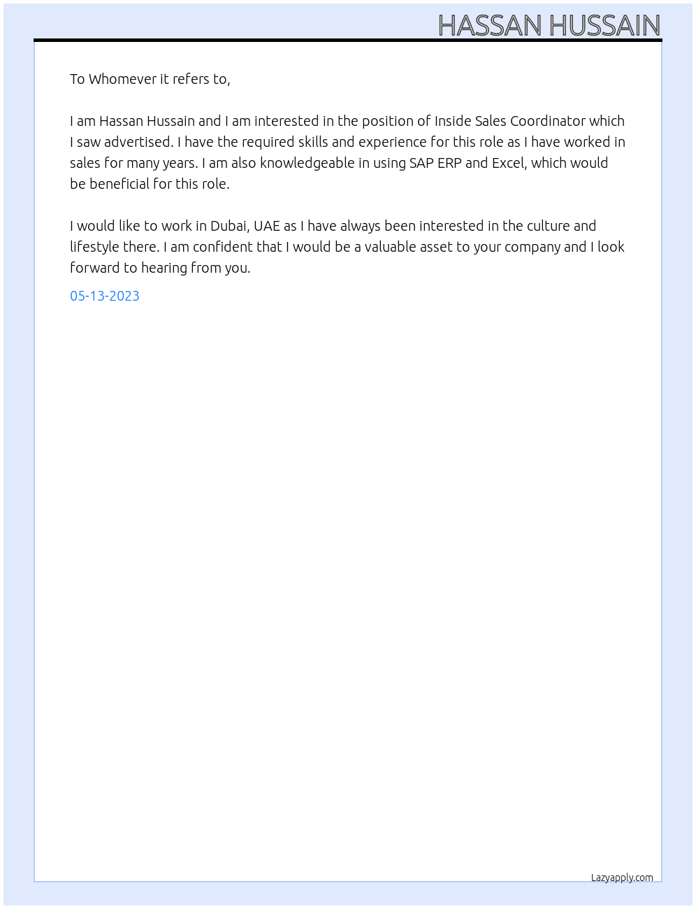 Inside Sales Coordinator At To whomever it refers to Cover Letter