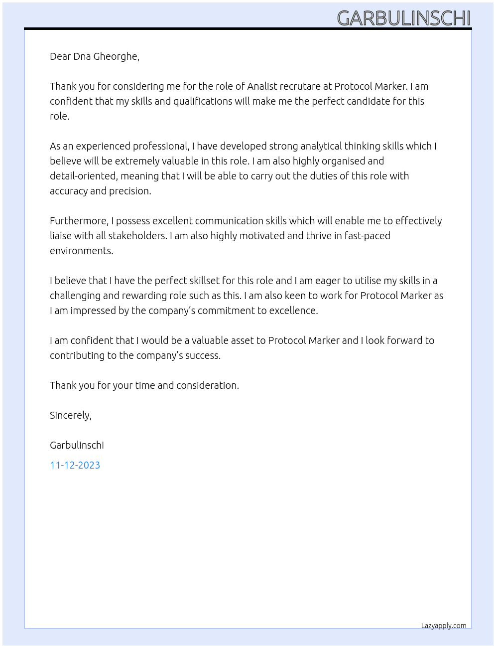 Analist recrutare At Protocol Marker Cover Letter