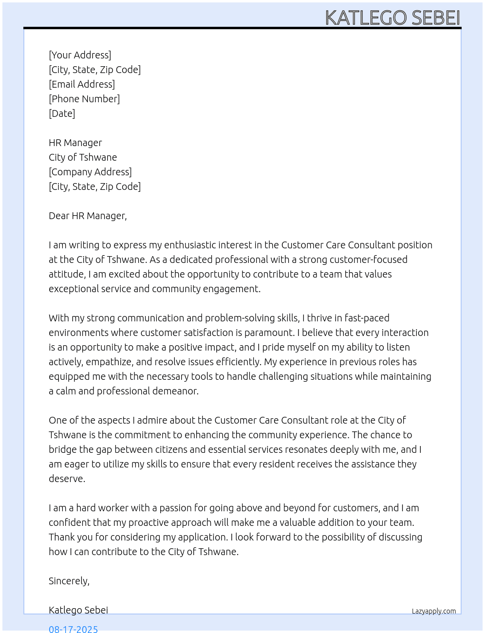Customer care consultant  At City of tshwane Cover Letter