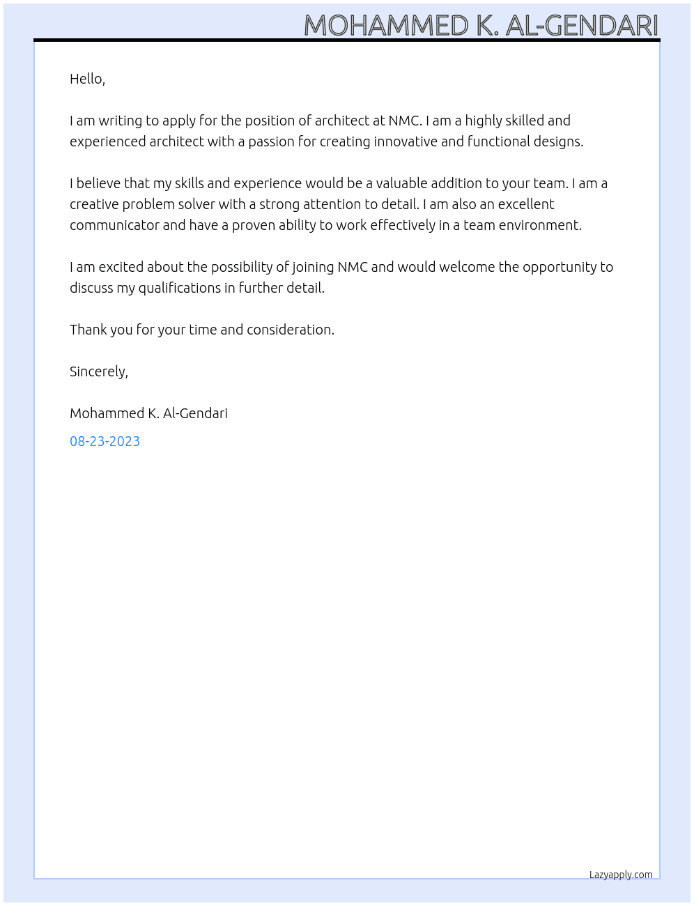 architect At NMC Cover Letter