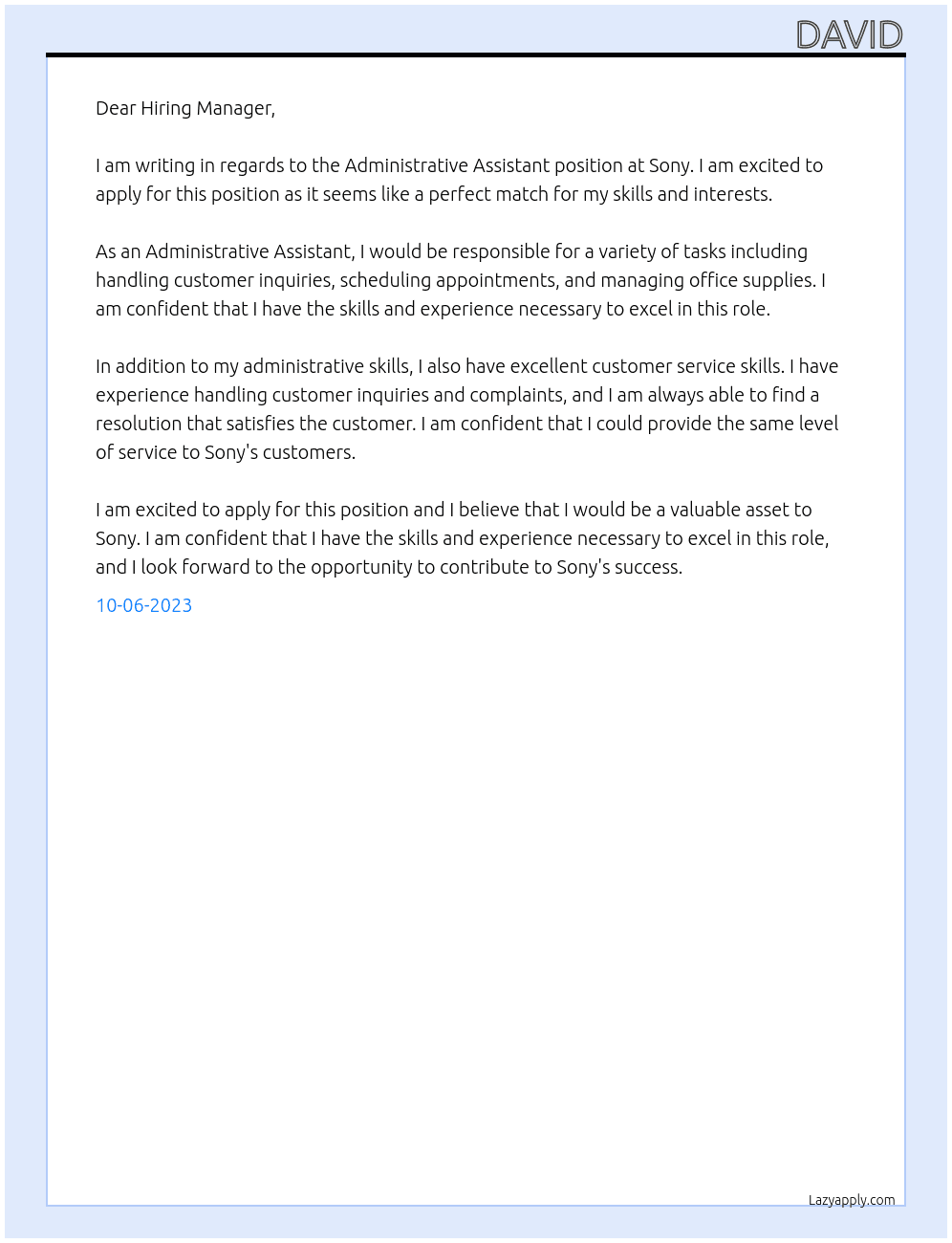Administrative Assistant At Sony Cover Letter