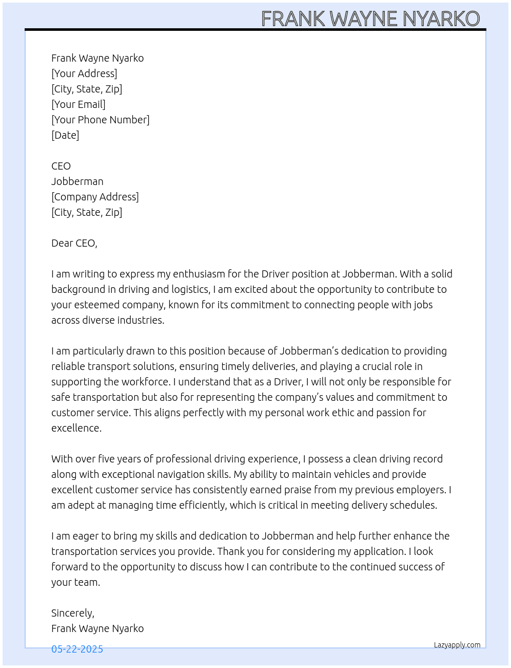Driver At Jobberman Cover Letter