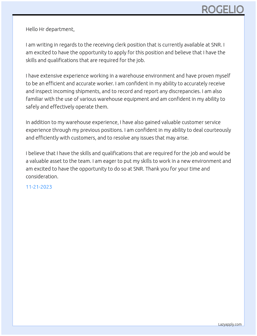 Receiving clerk At SNR Cover Letter
