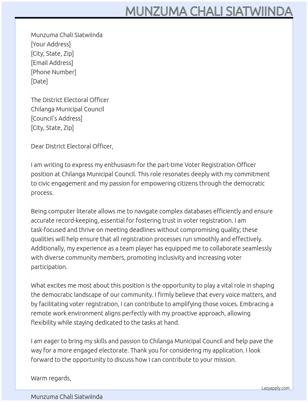 voter ragistration officer At Chilanga Municipal Council Cover Letter