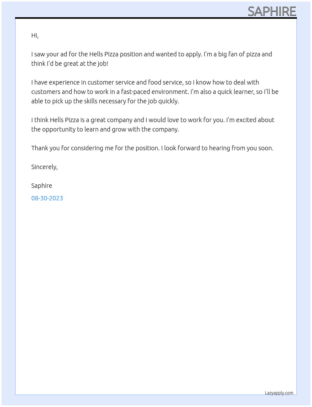 hells pizza At hells pizza Cover Letter