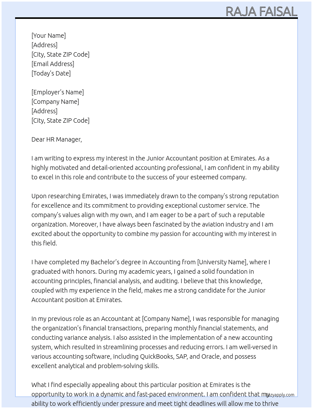 Junior Accountant At Emirates Cover Letter