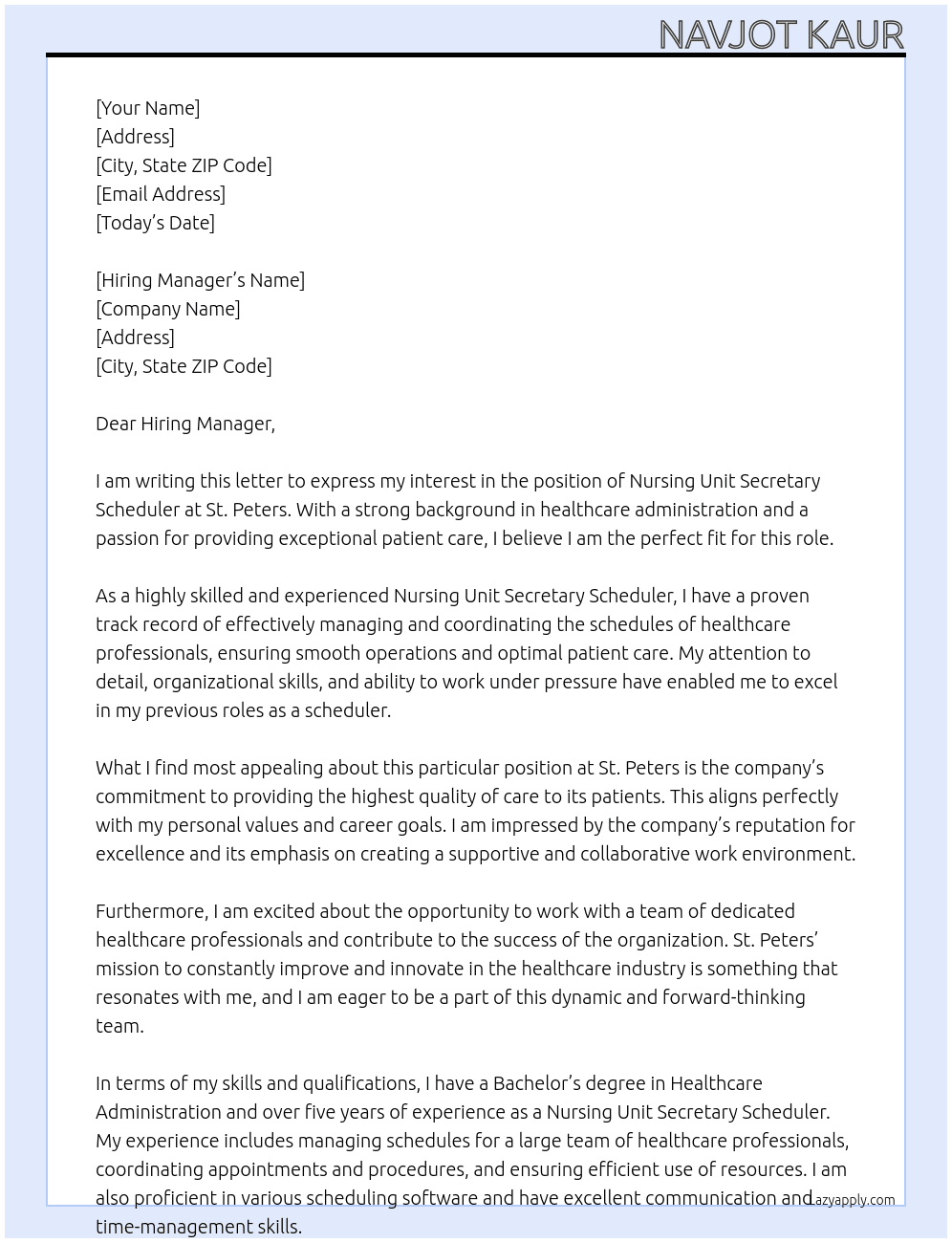Nursing Unit Secretary Scheduler At St Peters Cover Letter