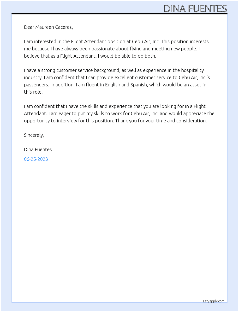 Flight Attendant At Cebu Air, Inc Cover Letter