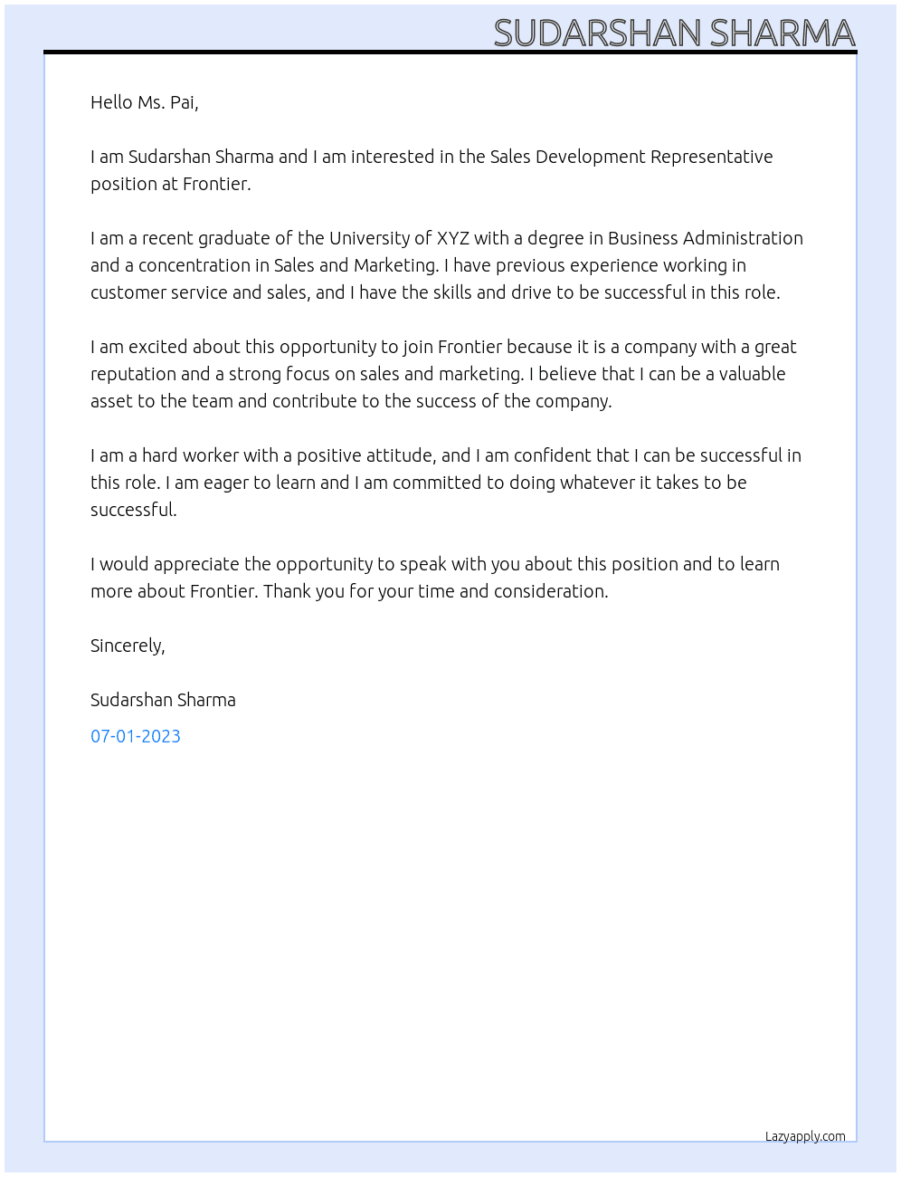 Sales Development Representative At Frontier Cover Letter