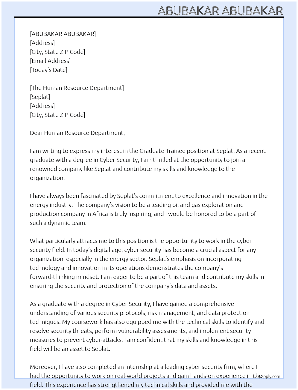 Graduate Trainee  At Seplat Cover Letter