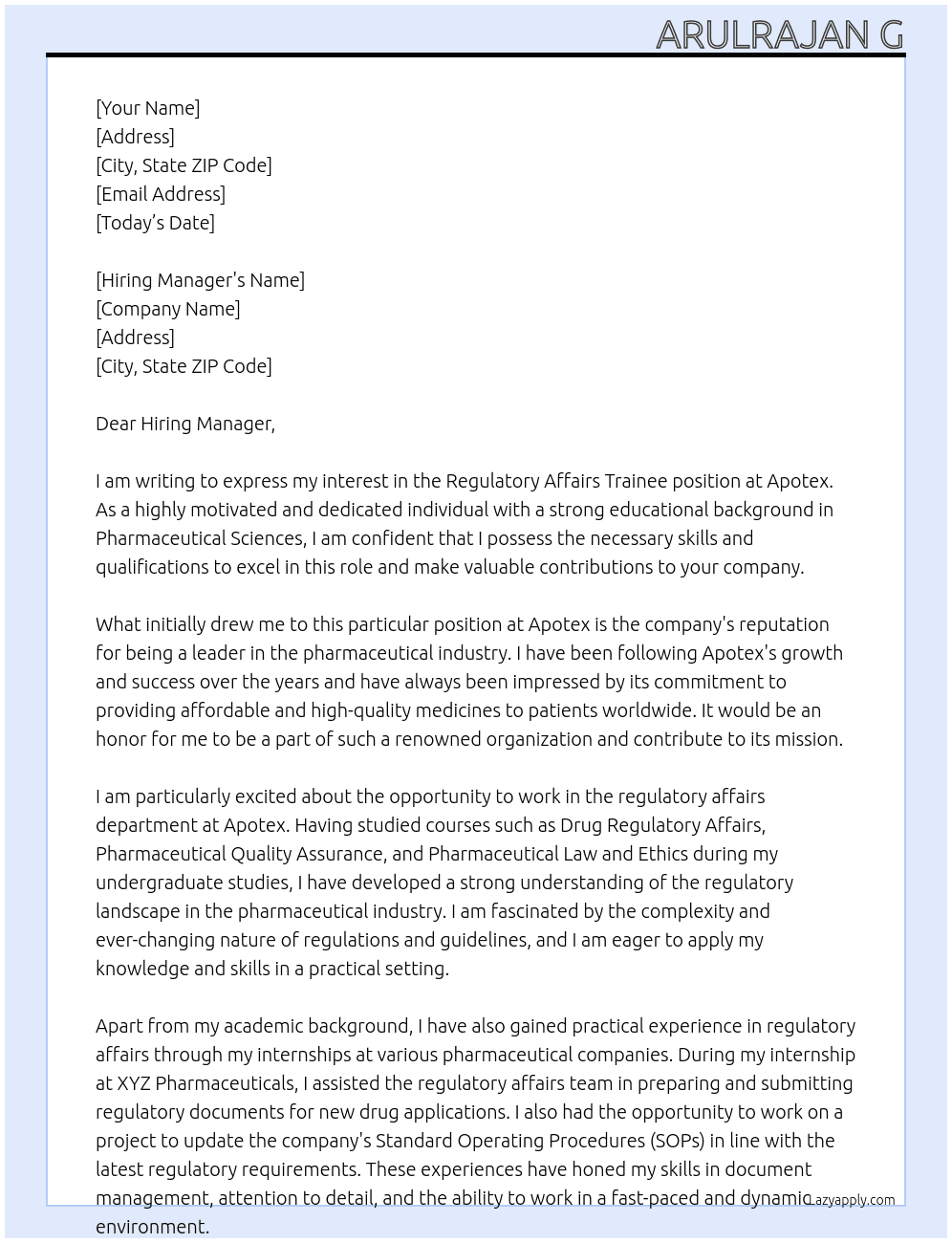 Regulatory affairs trainee At Apotex Cover Letter