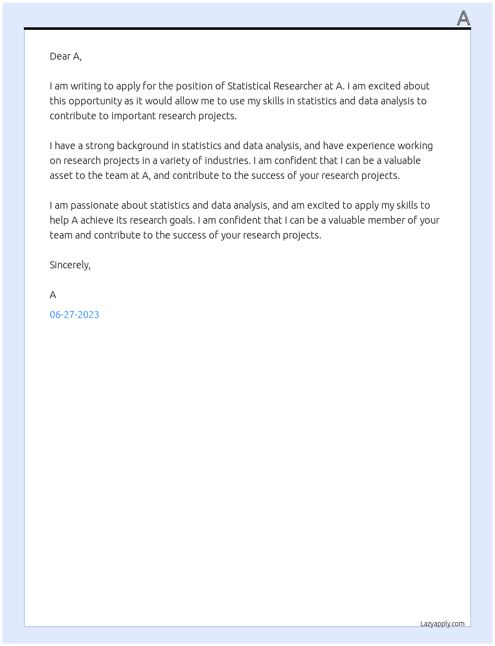 STATISTICAL RESEARCHER At A Cover Letter