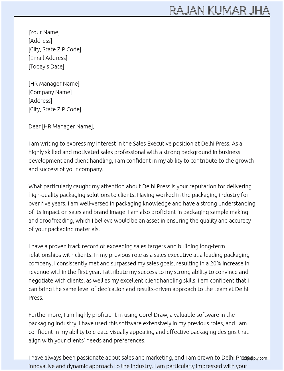 Sales Executive At Delhi Press Cover Letter