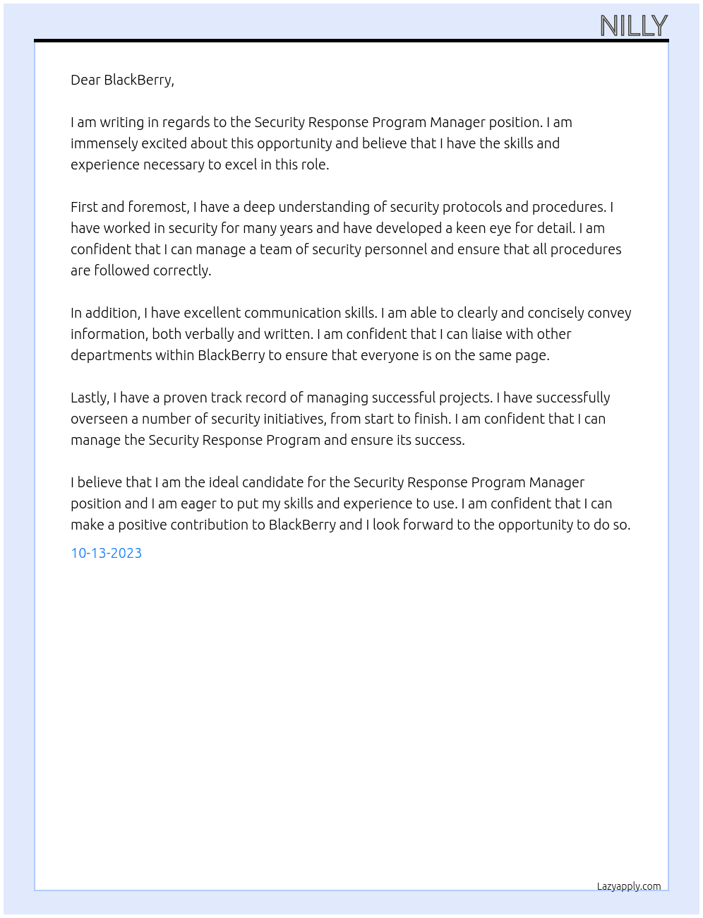 Security Response Program Manager At BlackBerry  Cover Letter