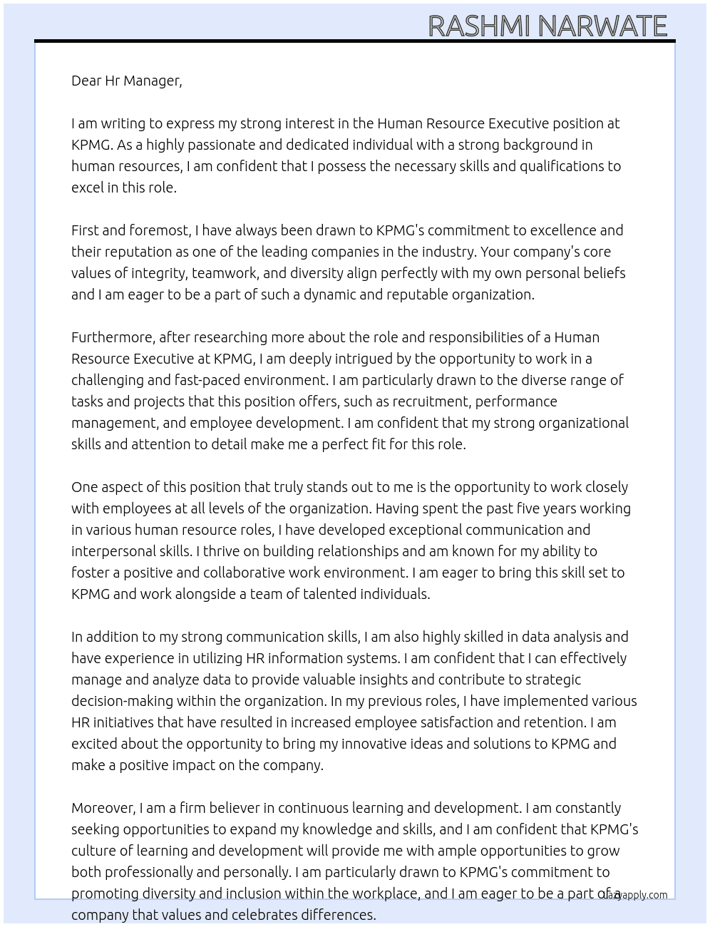 Human Resource Executive  At KPMG Cover Letter