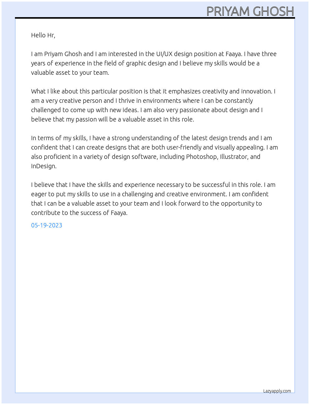 UI/UX design  At Faaya Cover Letter