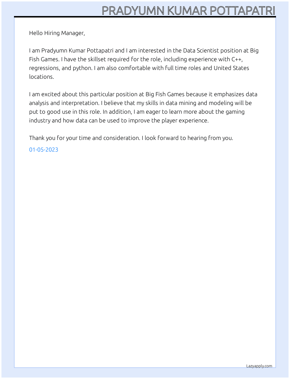 Data Scientist At Big fish games Cover Letter