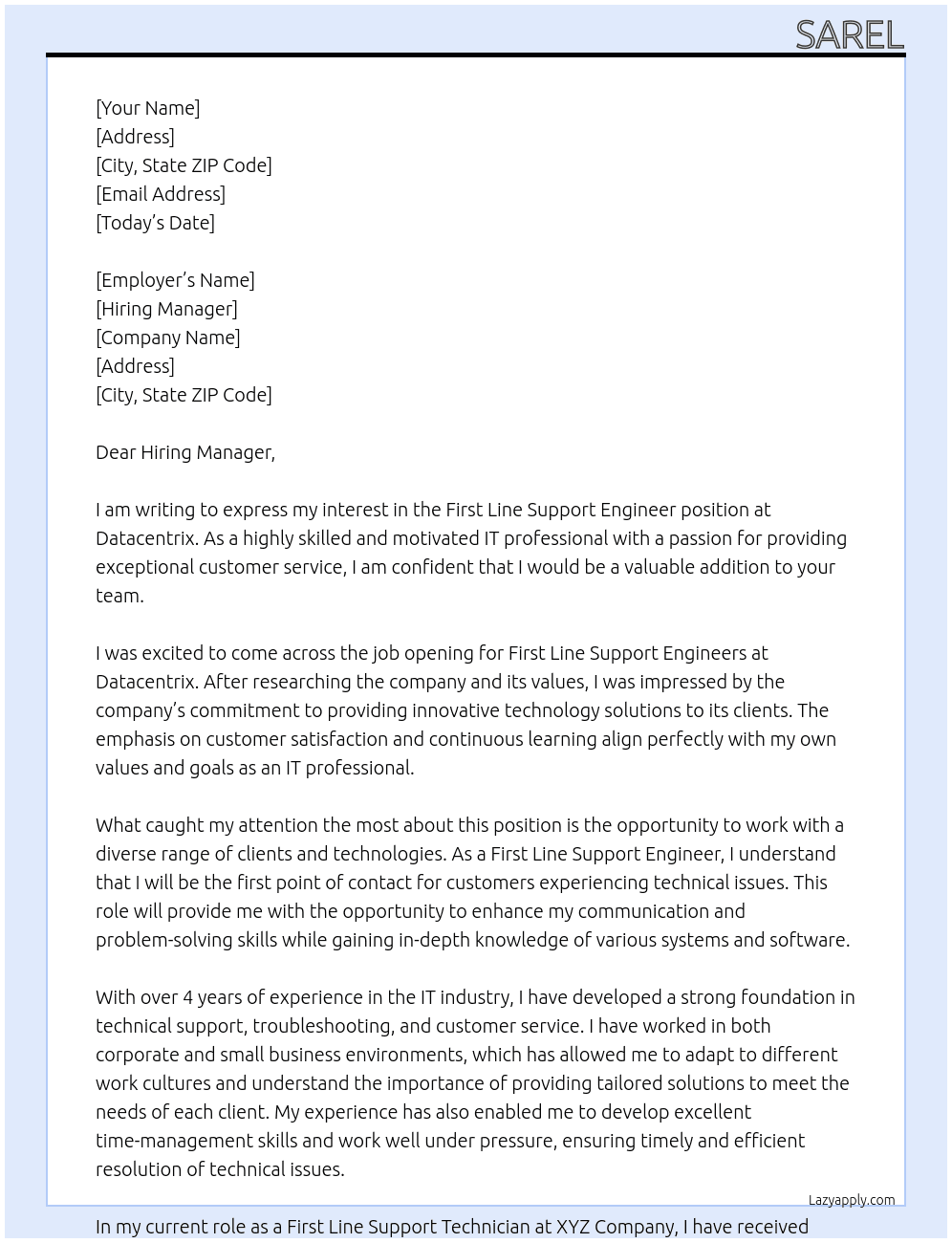 First Line Support Engineers At Datacentrix Cover Letter