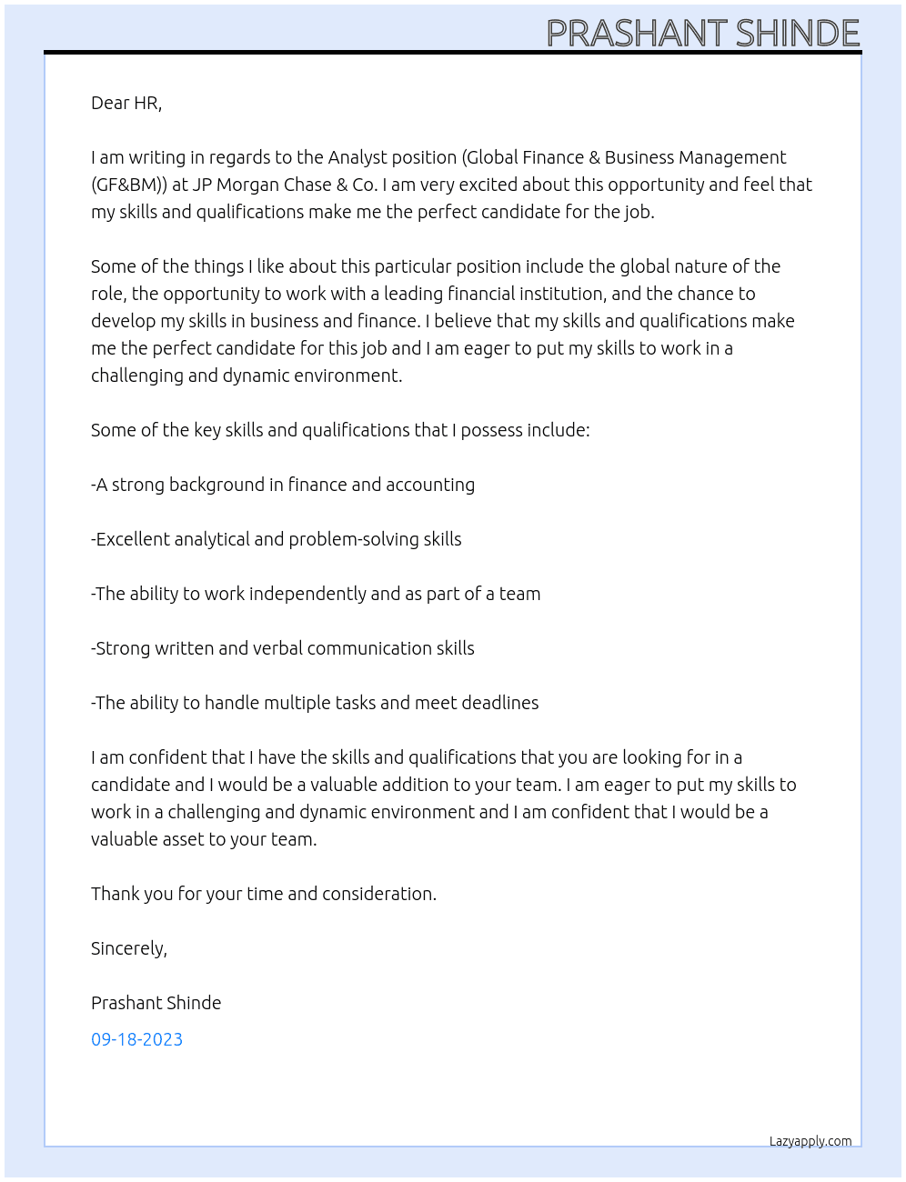 Analyst (Global Finance & Business Management (GF&BM)) At JP Morgan Chase & Co. Cover Letter