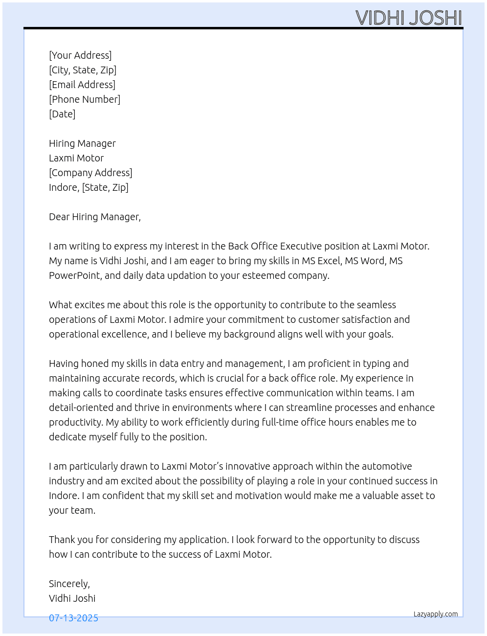 back office executive At laxmi motor Cover Letter