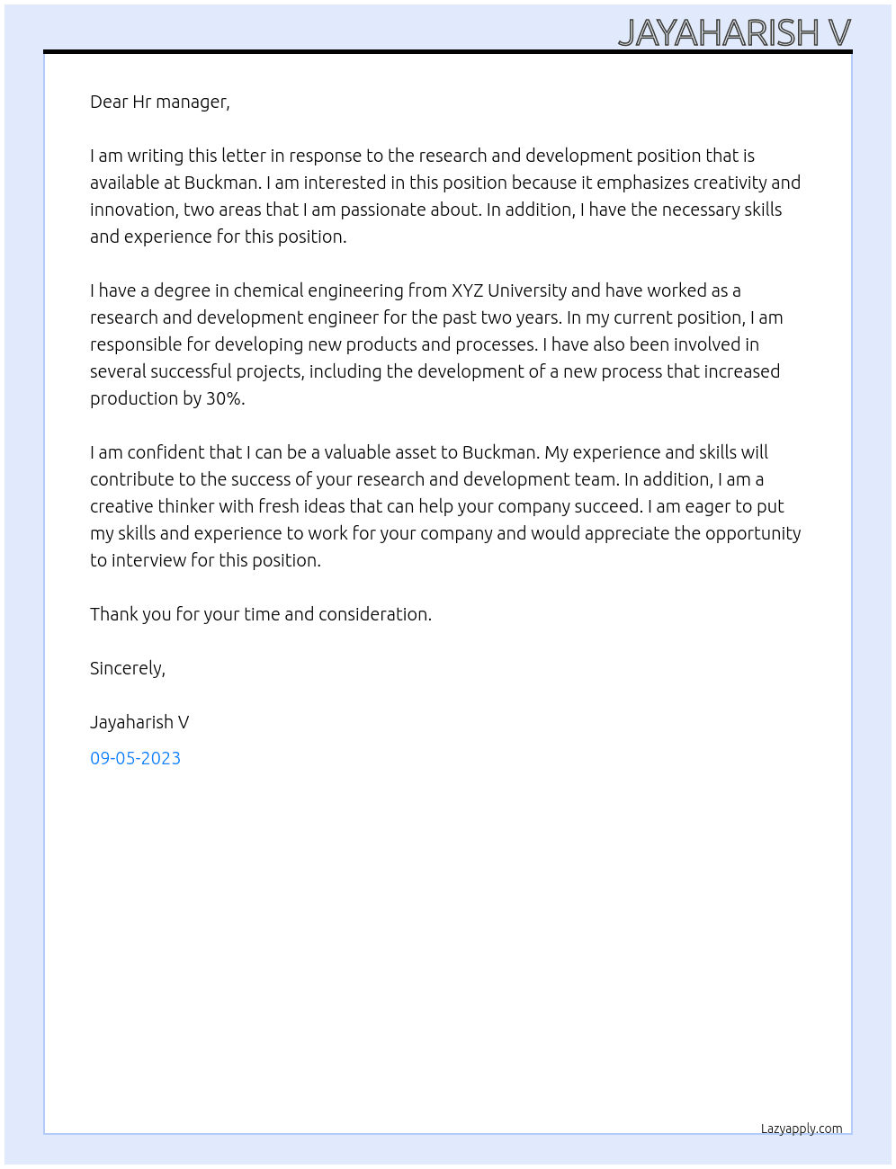 Research and development At Buckman Cover Letter