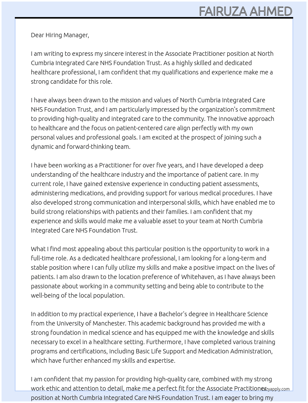 Associate Practitioner At North Cumbria Integrated Care NHS Foundation Trust Cover Letter