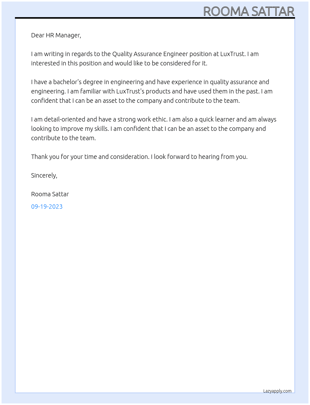 Quality Assurance Engineer At LuxTrust  Cover Letter