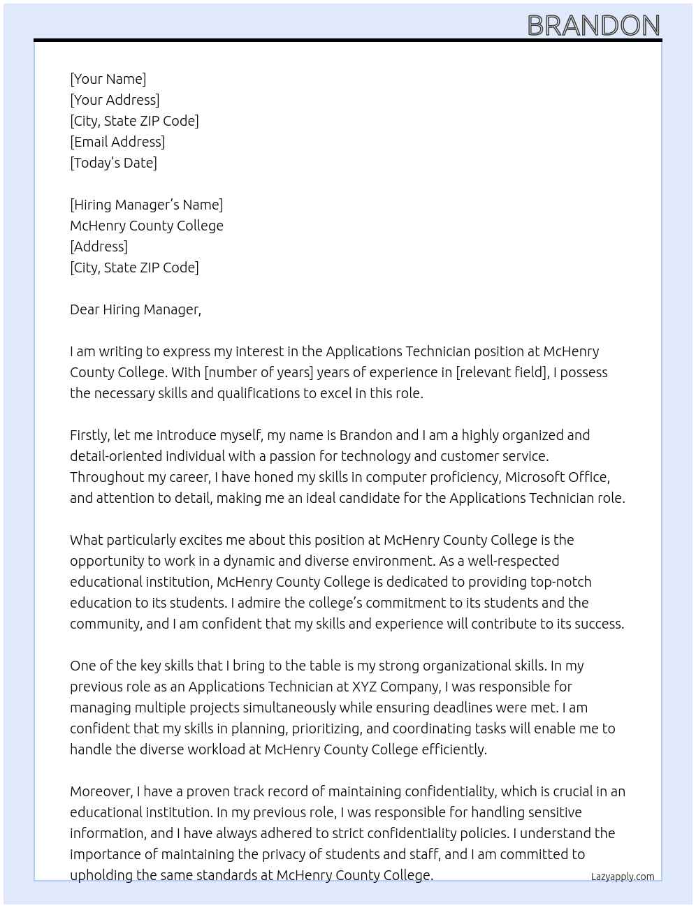 Applications Technician  At McHenry County College Cover Letter