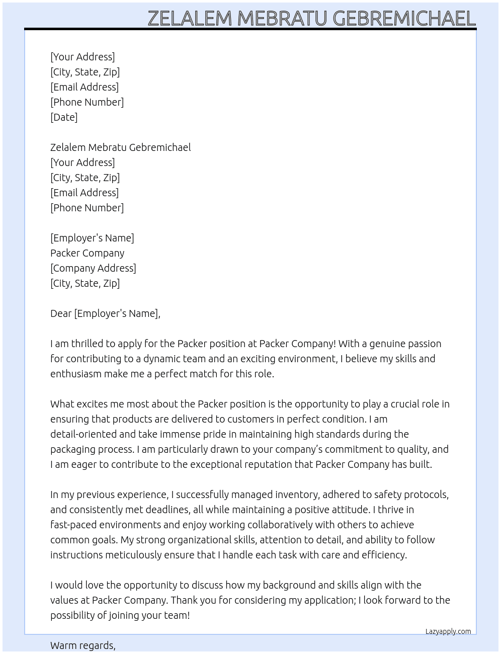 Packer At packer company  Cover Letter
