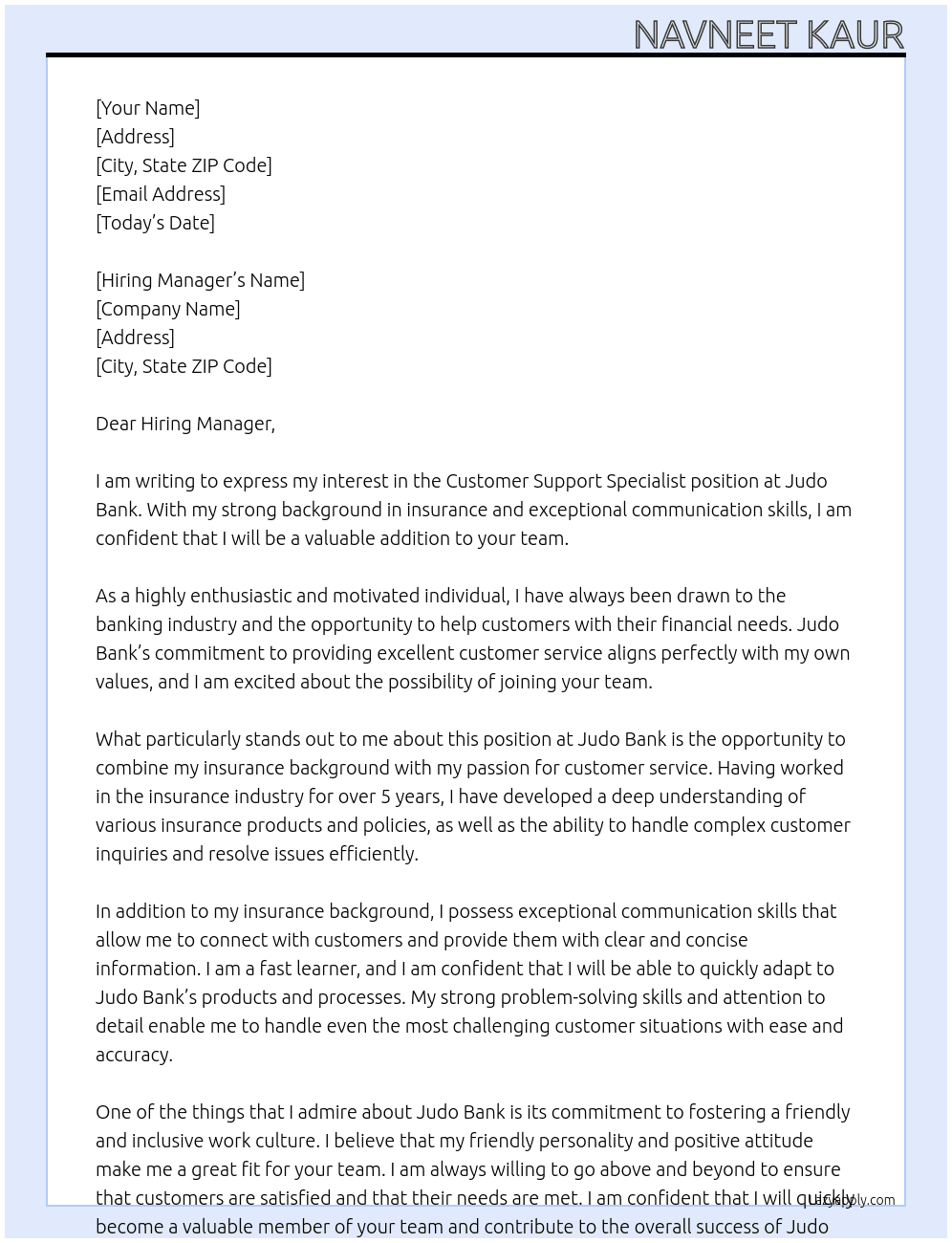 Customer Support Specialist At Judo Bank Cover Letter