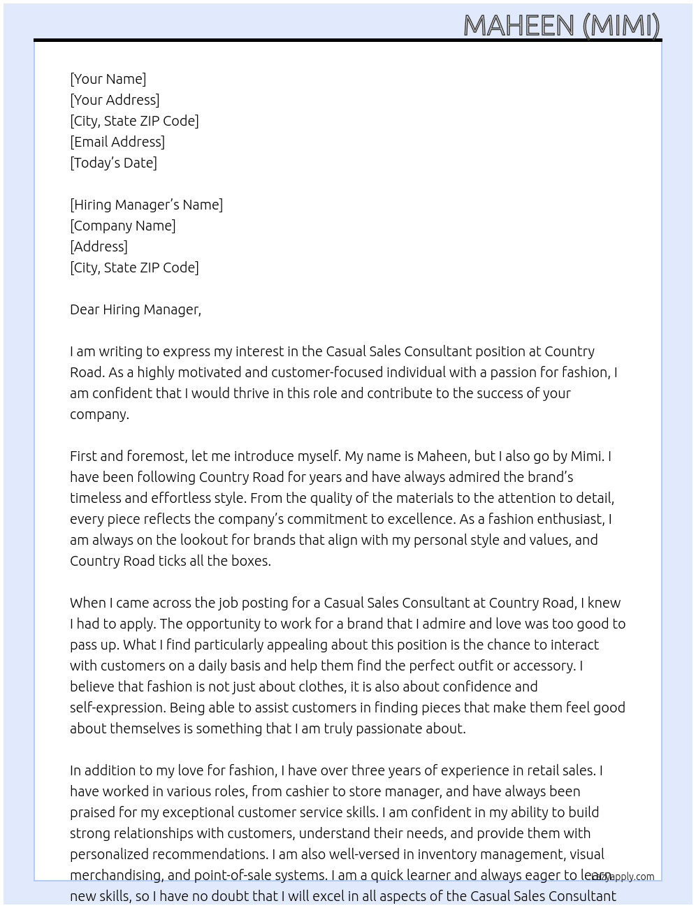 Casual Sales Consultant At Country Road Cover Letter