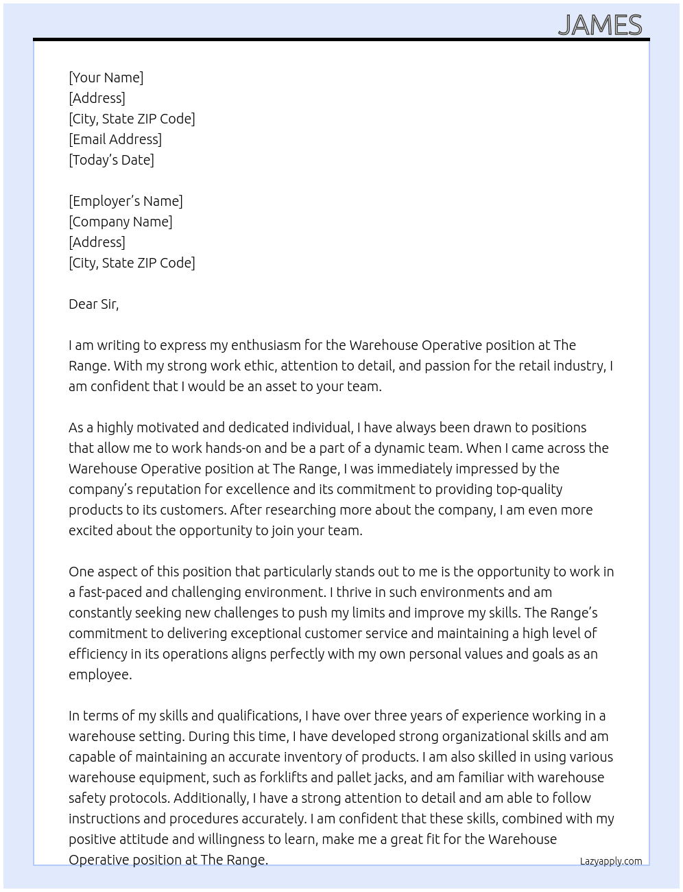 Warehouse operative At The Range Cover Letter